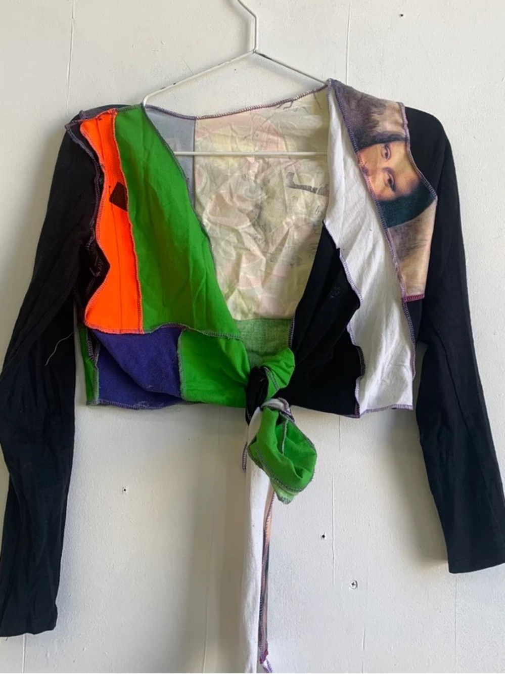 Patchwork Tie-Front Long Sleeve Top in Black, Green, Orange